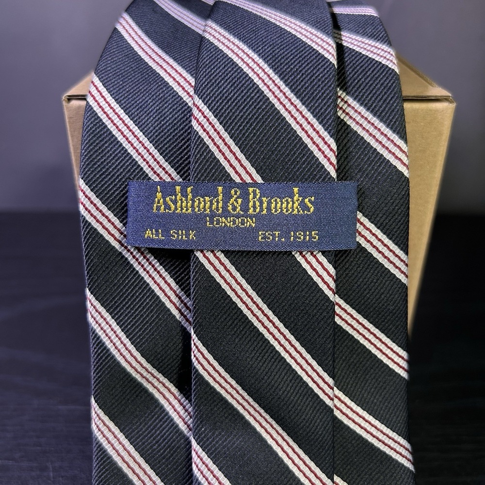Ashford & Brooks London Mens Handmade Silk Tie Black w/Red White Stripes - Picture 2 of 8
